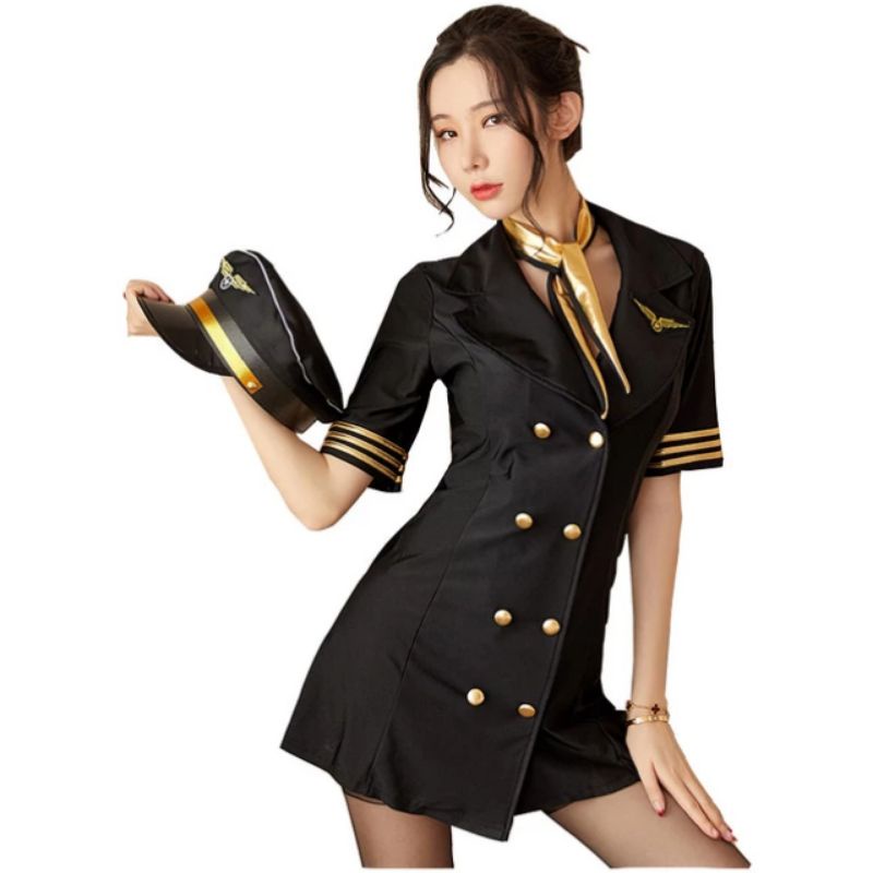 PREMIUM Kostum Seragam Pramugari Sexy + Syal + Topi Pilot Sailor Uniform Cosplay