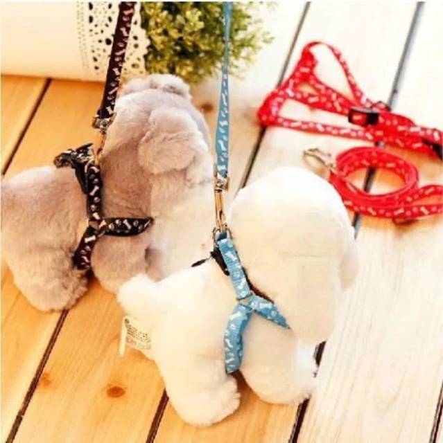 Harness pet anjing kucing kelinci murah leash tali rompi dog cat hewan motif paws tulang