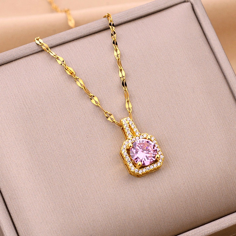 Kalung Titanium AAAAA Zircon 18k Emas Anti Karat Klasik Korea Wanita Perhiasan-pink