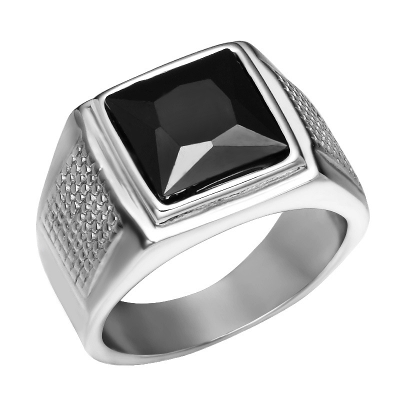 Cincin Perak Batu Akik Kristal Hitam Bahan Baja Titanium Untuk Pria Rings