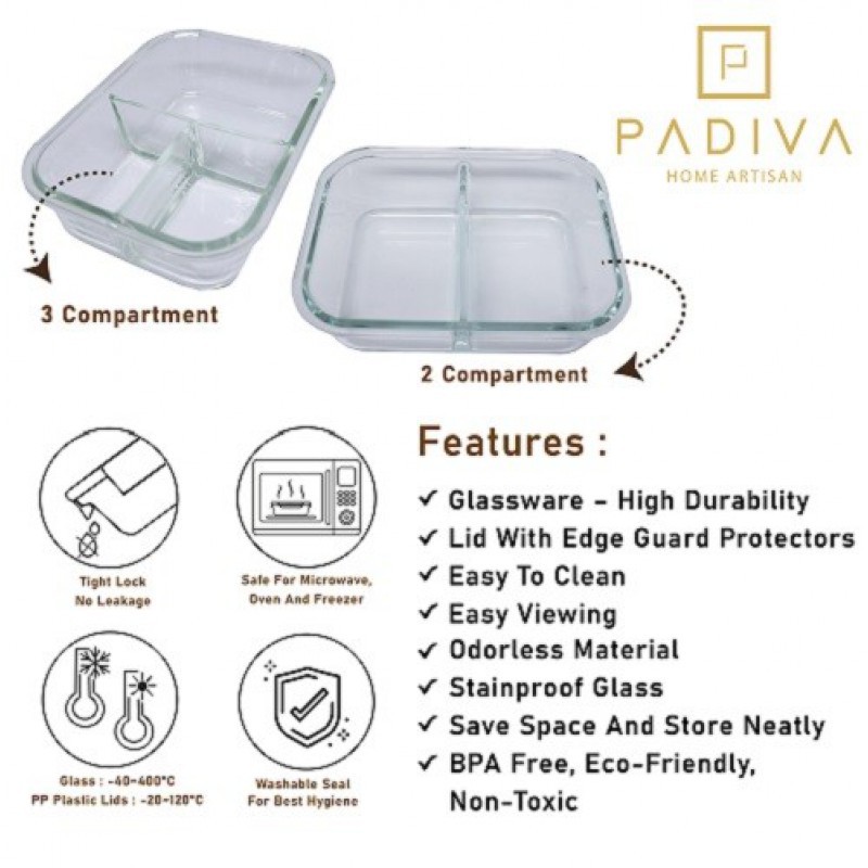 Padiva Glassbox Crystal Container Mix 2 + 3 Sekat / Compartment 1040 ml - Aqua