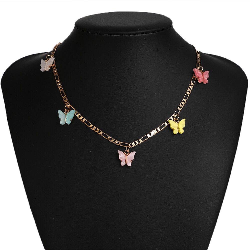 Fashion Figaro Gold Chain Necklace For Women Charm Colorful Butterfly Pendant Choker Women's Neck Chains Necklaces Jewelry