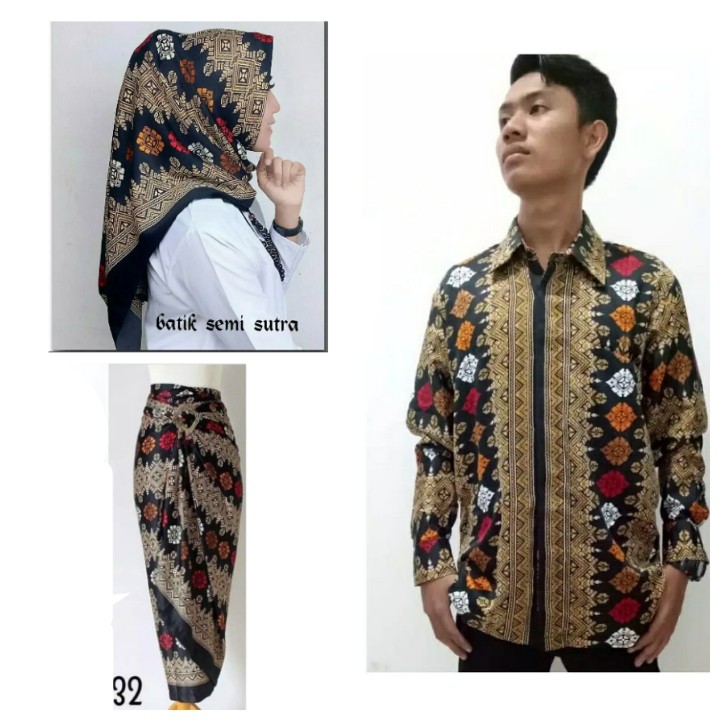 Derin Batik couple 3in1 Rok lilit dan hijab segi empat dan atasan kemeja tangan panjang pria