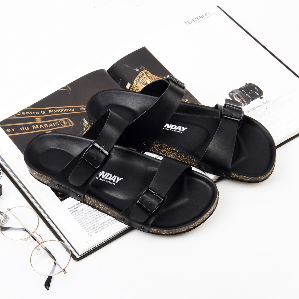 SILVA FULL BLACK ORIGINAL x MONDAY Sandal Casual Hitam Pria Sendal Slide Jalan Santai Harian Main Slop Kerja Formal Kondangan Lebaran Selop Remaja Dewasa Bapak Orang Tua Semi Kulit Premium Distro Footwear Tali 2 Strap Big Size Jumbo Ukuran Besar 44 Keren