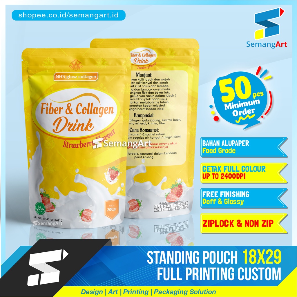 Cetak Kemasan Standing Pouch 18x29 Zipper Ziplock Makanan Desain Custom