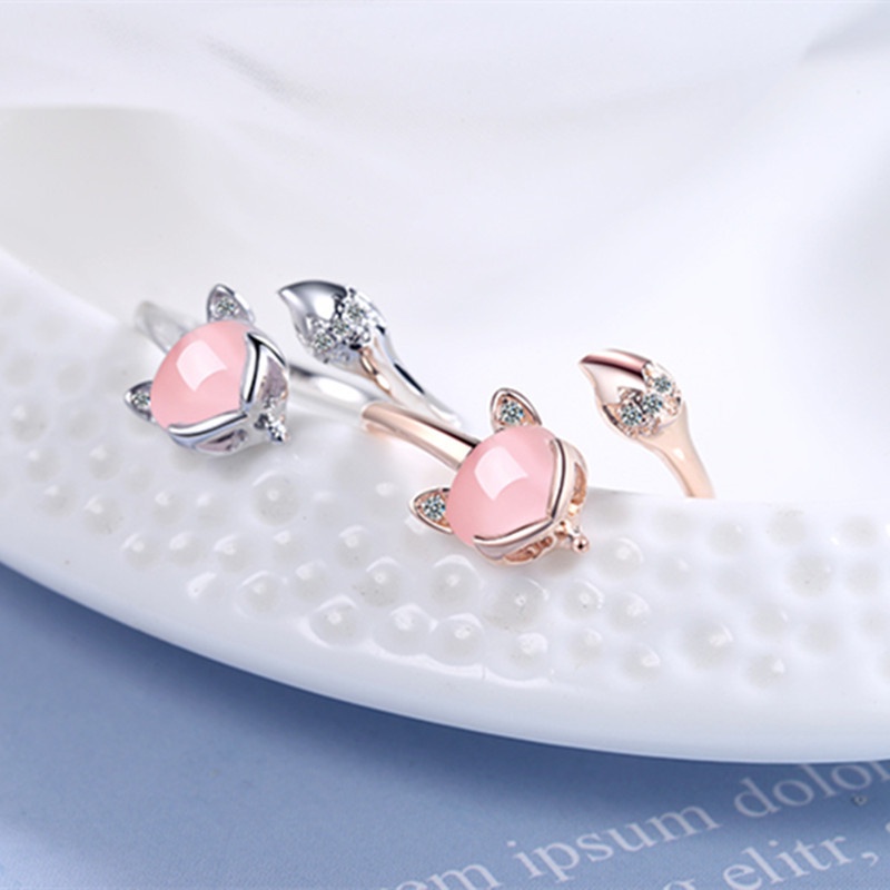 Cincin Sterling Silver 925 Desain Rubah Hias Kristal Zircon Agate Adjustable Untuk Wanita