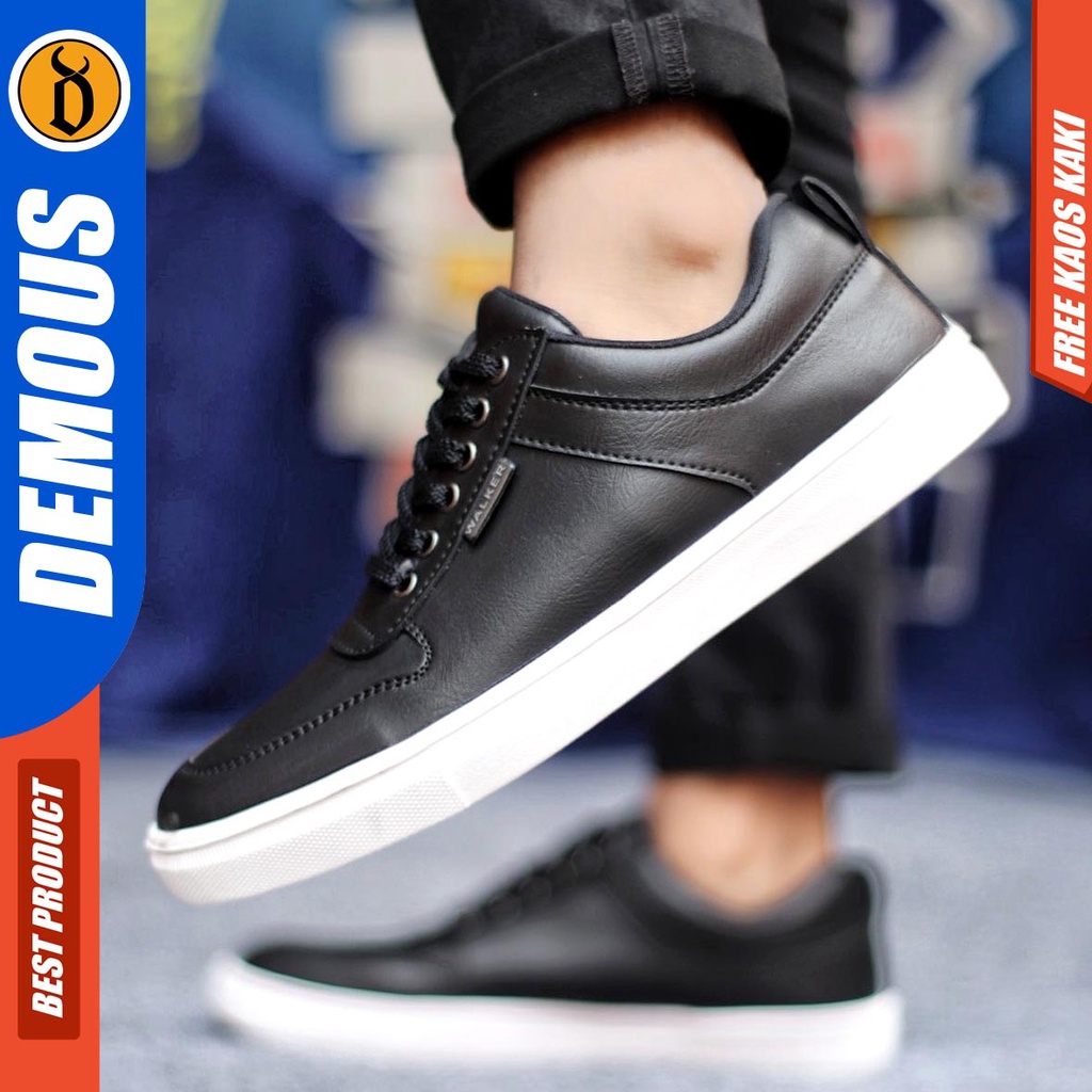 Sepatu Kasual Pria Sneakers Casual Kulit Pu Kerja Polos Hitam Coklat Demous Tiago