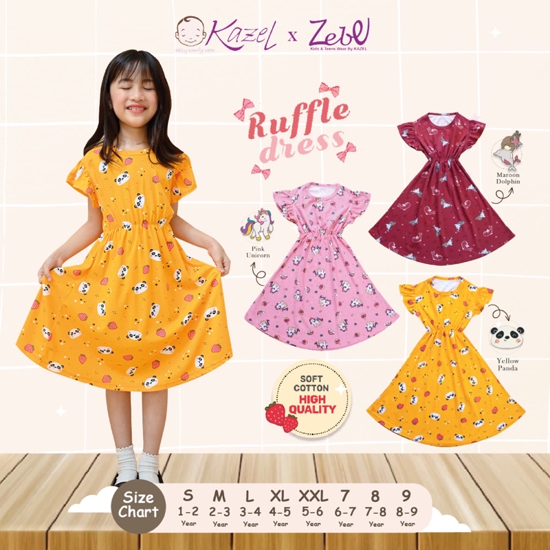 Kazel  x Zebe Ruffle Dress Motif - Dress Anak