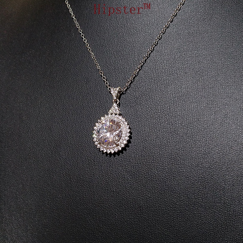 Simple Fashion Luxury round High Flash Moissanite Pendant White Gold Necklace