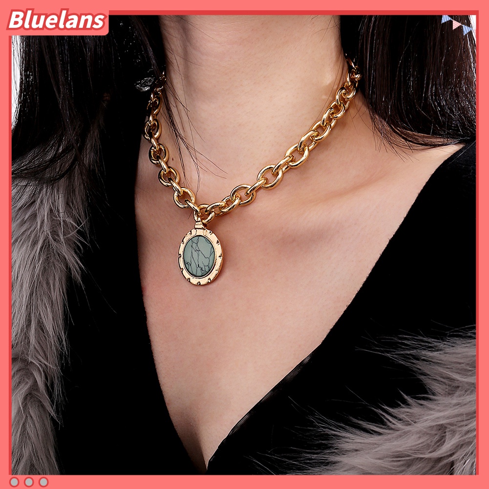 Bluelans Vintage Women Round Faux Turquoise Pendant Sweater Cable Chain Jewelry Necklace