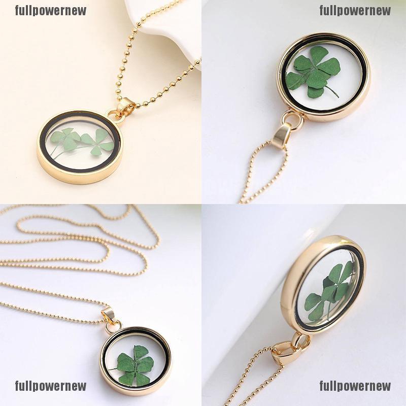 Kalung Dengan Liontin Bentuk Bunga Clover Kering Bahan Resin