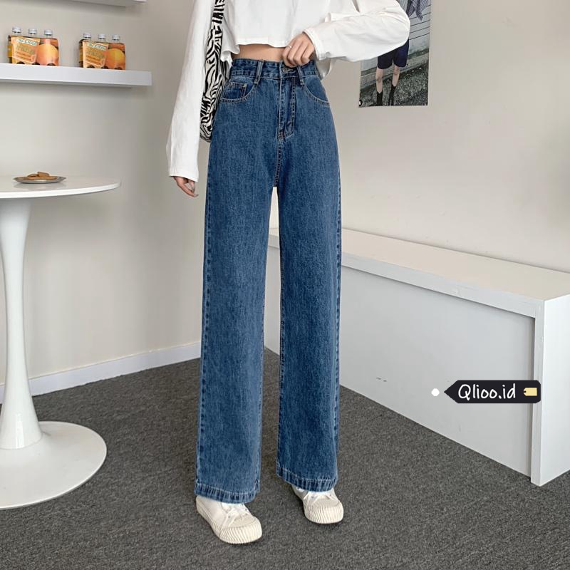 Celana Jeans Wanita High Waist Korean Style Straight Denim Pants Loose Wide Leg