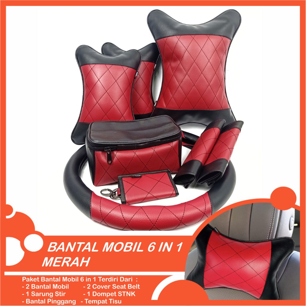 Set Bantal Mobil 6 in 1 Premium Bantal Leher Pinggang Cover Stir Seatbelt Tempat Tisu Free  Dompet STNK