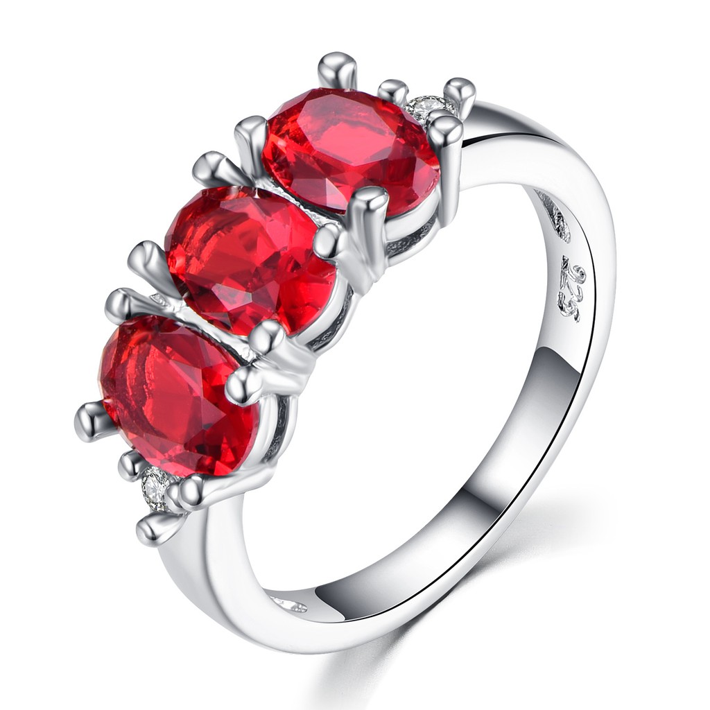 Cincin Perak 925 Asli Cincin Perak untuk Wanita Tiga Ruby Cincin Hadiah Fashion Aksesoris Perhiasan