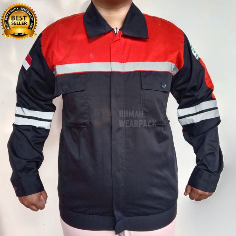 Wearpack Safety Kemeja Safety Baju Safety Lengan Panjang Warna Navy Kombinasi Oranye Doff