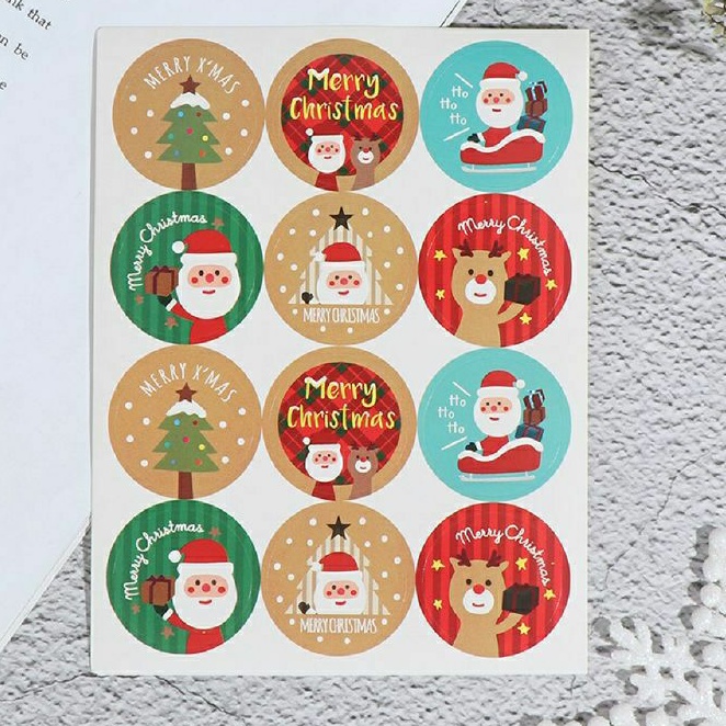 

JMall 12pcs Sticker Label Natal Santa Kemasan Bentuk Bulat Desain Merry Christmas Untuk Hadiah Natal