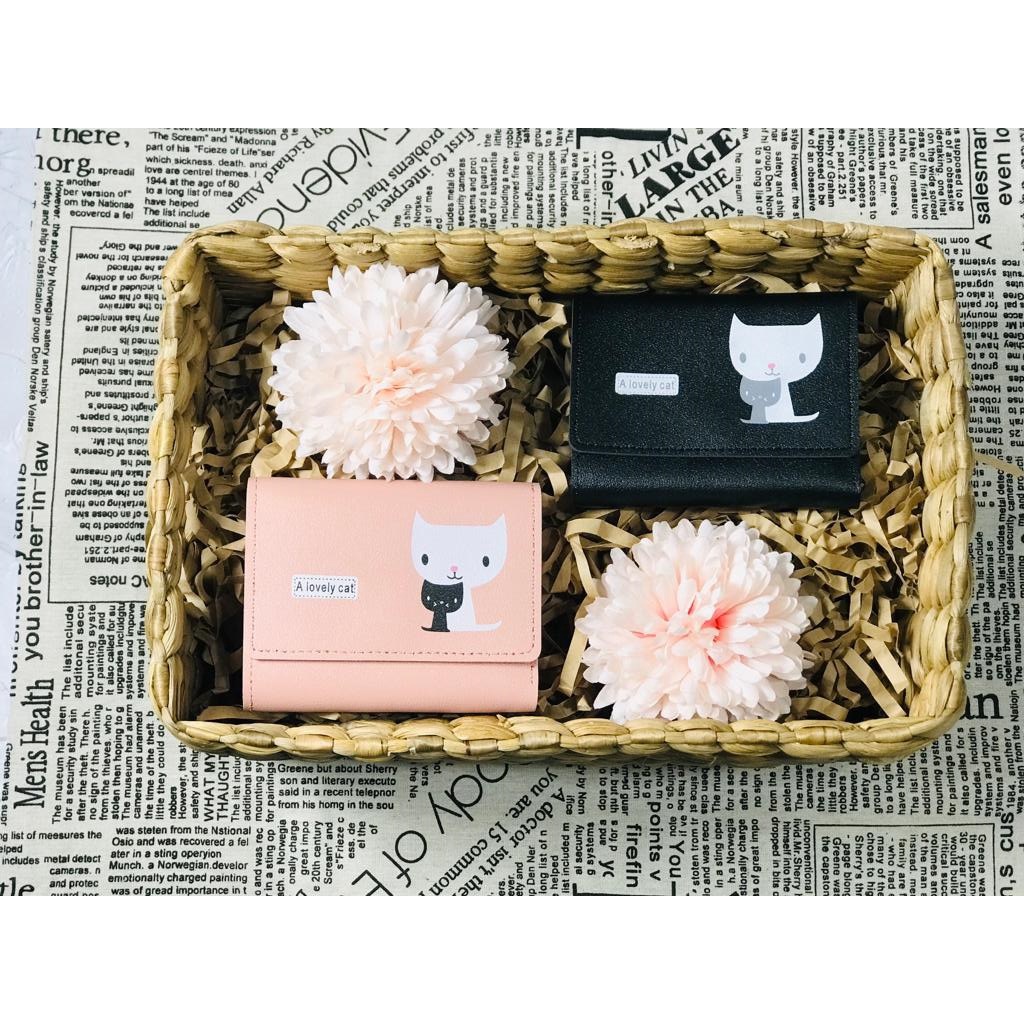 W20 Dompet Lipat Mini Wanita Kucing Lucu Cute Cat Murah Kantong Koin Kartu Uang Foto Cewek Women Wallet Kecil Perempuan Kulit PU Leather Binatang Putih Hitam Panjang  Korea Pria Cowok Laki Laki Cowo Import Premium Tas Cina Import Hadiah Cantik