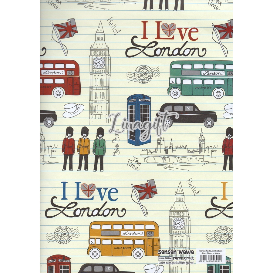 ( 5 Lembar ) JUMBO PARIS - KERTAS KADO - GIFT WRAP PAPER SANSAN WAWA / SANWA LONDON LOVE VINTAGE CLASSIC EIFFEL TOWER / BIG BEN / MENARA EIFEL