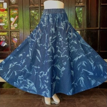 Rok jeans payung motif abstrak XL lebar mayung rok panjang wanita karet pinggang