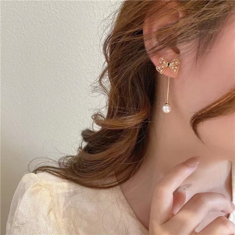 Anting Busur Berlian Berkilau Mutiara Berpohon Elegan Untuk Wanita Aksesoris Telinga Korea