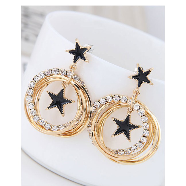 LRC Anting Tusuk Fashion Gold Flash Diamond Five-pointed Star Multi-circle Earrings A58007