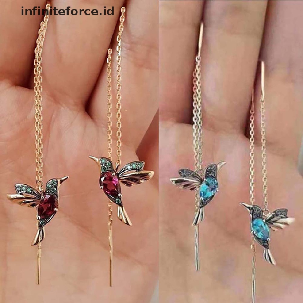 Anting Panjang Liontin Burung Kolibri Aksen Kristal Rumbai