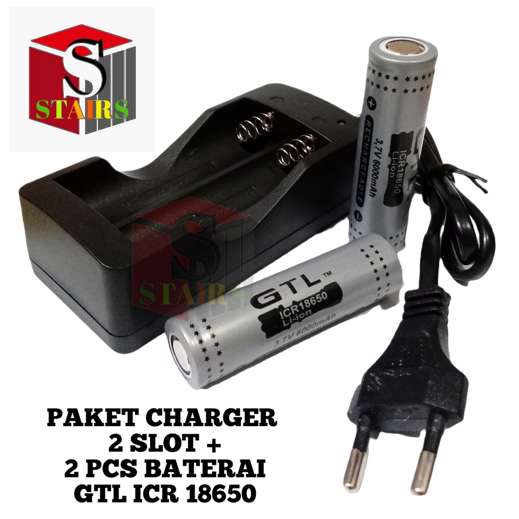 Paket Casan 2 Slot + 2 PCS Baterai Li-ion GTL ICR 18650 6000mAh 3.7V Warna Abu-abu