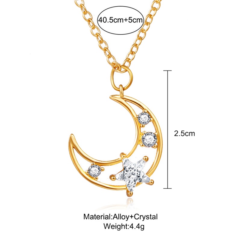 Kalung Rantai Multilayer Bentuk Bulan Bintang Pentagram Aksen Kristal Warna Emas Untuk Wanita