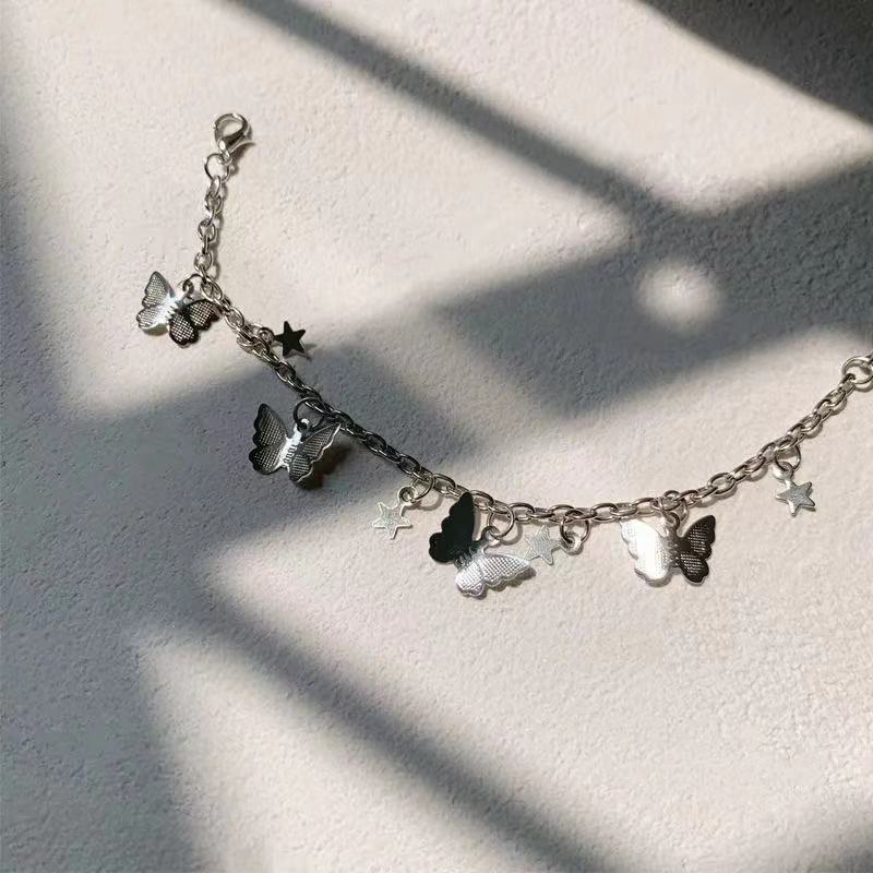 Gelang Liontin Bintang Kupu-kupu Lapisan Tunggal Baja Titanium Perak Perhiasan Fashion Wanita Rantai Bracelet