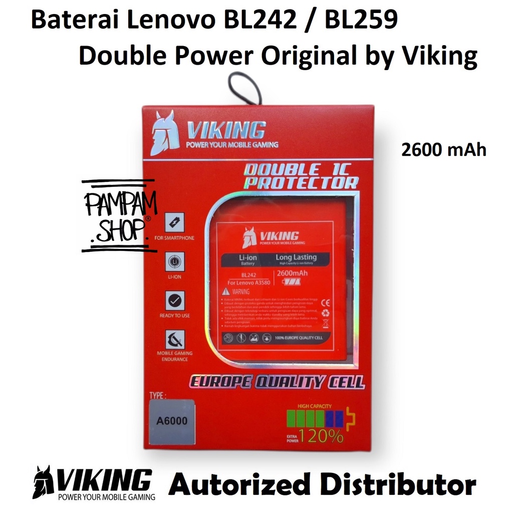 Baterai VIKING Double Power Original Lenovo BL242 A6000 A6000+ A6010 A6600 A6600+ Plus Batre Batrai