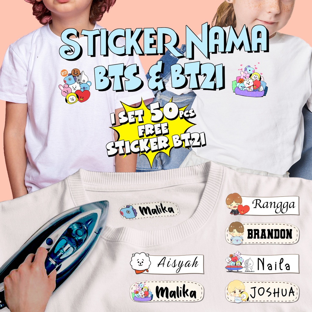 STICKER NAMA BTS BT21 LABEL NAMA ANAK PREMIUM LABEL NAMA BTS LUCU LABLE KAOS ANAK LUCU