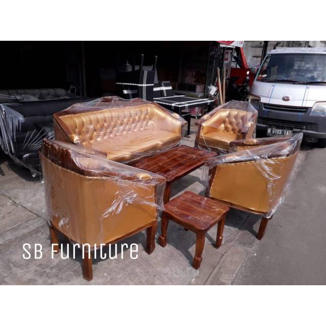 Sofa Tamu Modern warna Gold Asli Jati Jepara Kursi Mewah Fullset Gratis 3 Meja