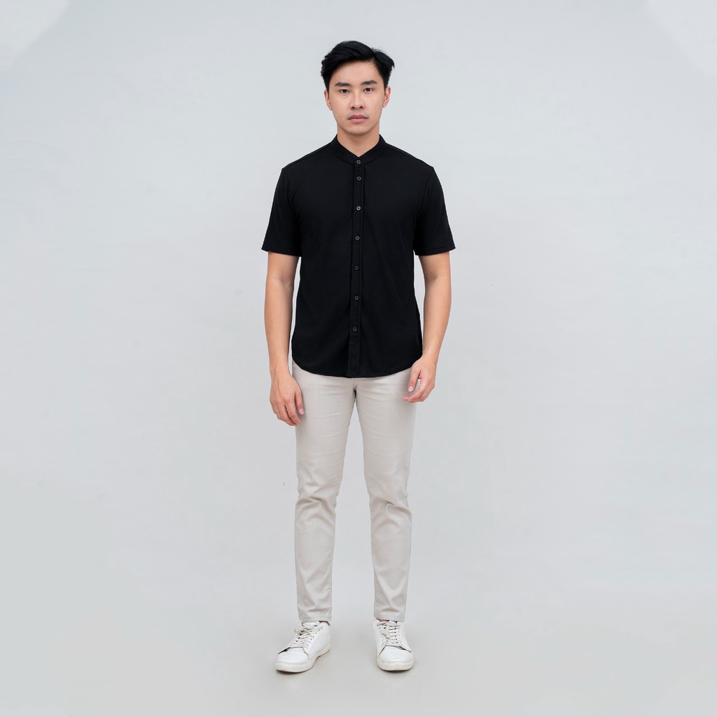 BROGUY Kemeja Pria Lengan Pendek Kerah Sanghai Casual Polos Slimfit Size M - XXL HITAM