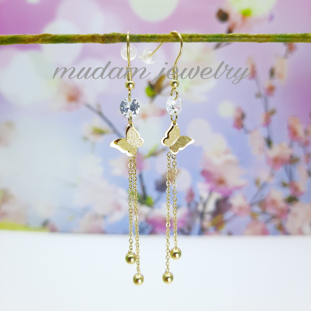 Anting Tusuk Titanium Aksen Kupu-Kupu Jurai Dengan Diamond Tersedia Warna Rose Gold dan Gold