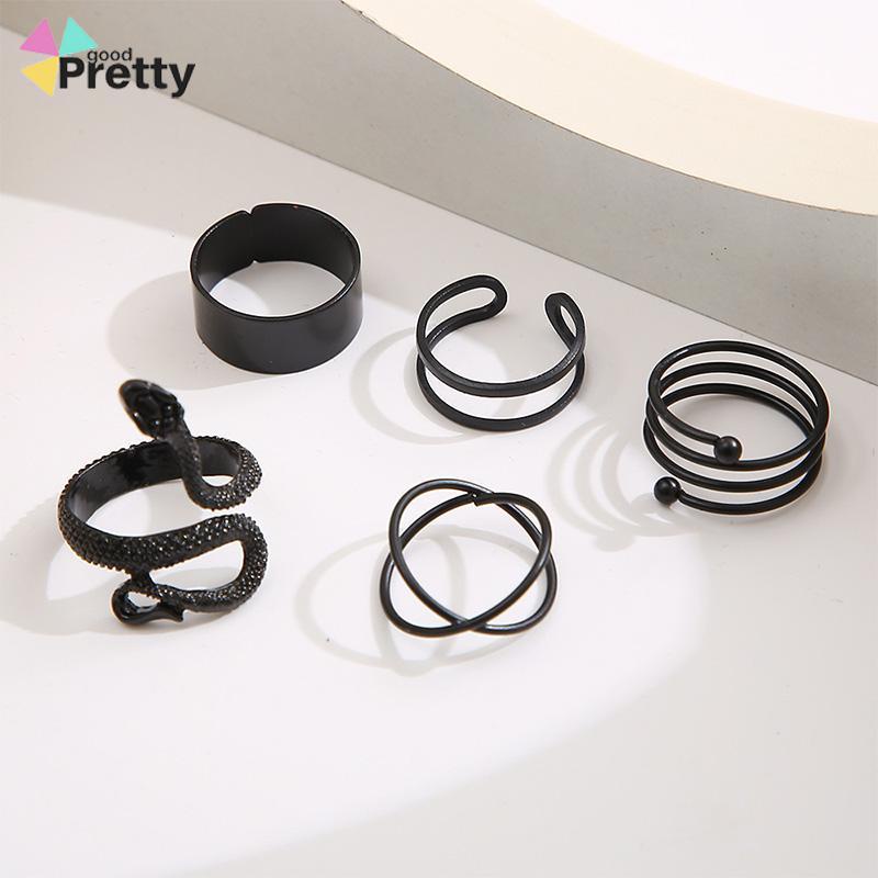 5PCS kreatif ms. Jane cincin wanita menggabungkan cincin ular hitam geometri - PD