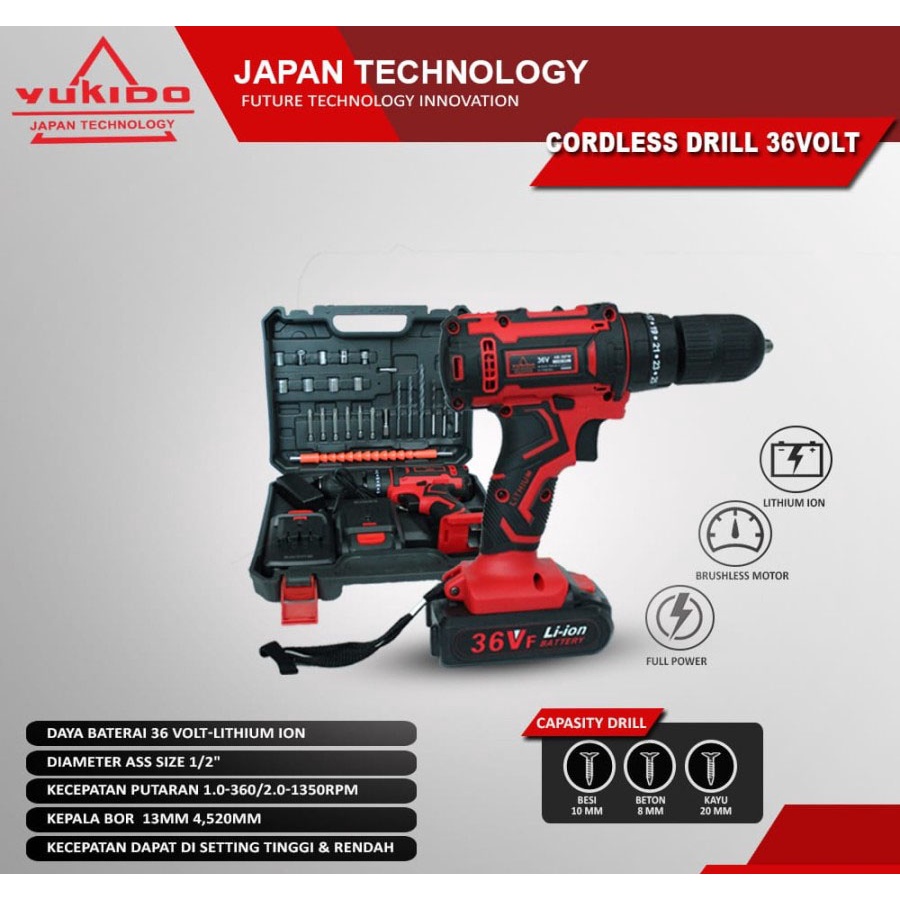 YUKIDO -SET Bor Obeng Bor Bolak Balik 36 V Charger Cordless Drill