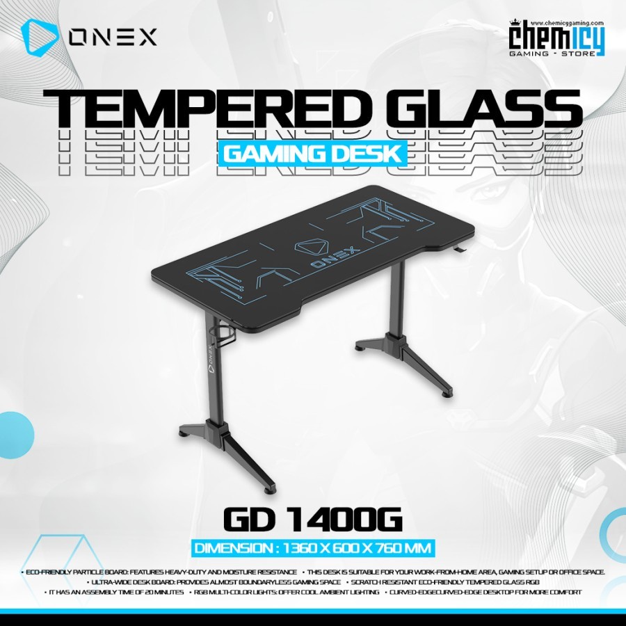 OneX GD1400G / GD 1400 G Tempered Glass Gaming Desk / Meja Komputer