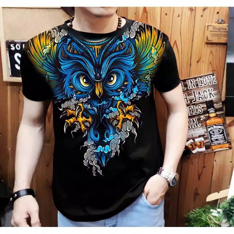 Kaos Distro Pria Motif Burung Owl Batik Bahan Katun