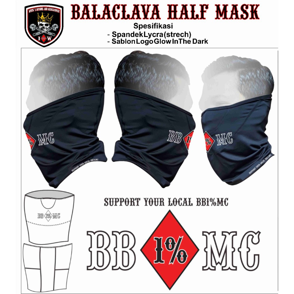 BALANCLAVA HALF MASK BIKERS BROTHERHOOD 1% MC ORIGINAL FREE STICKER