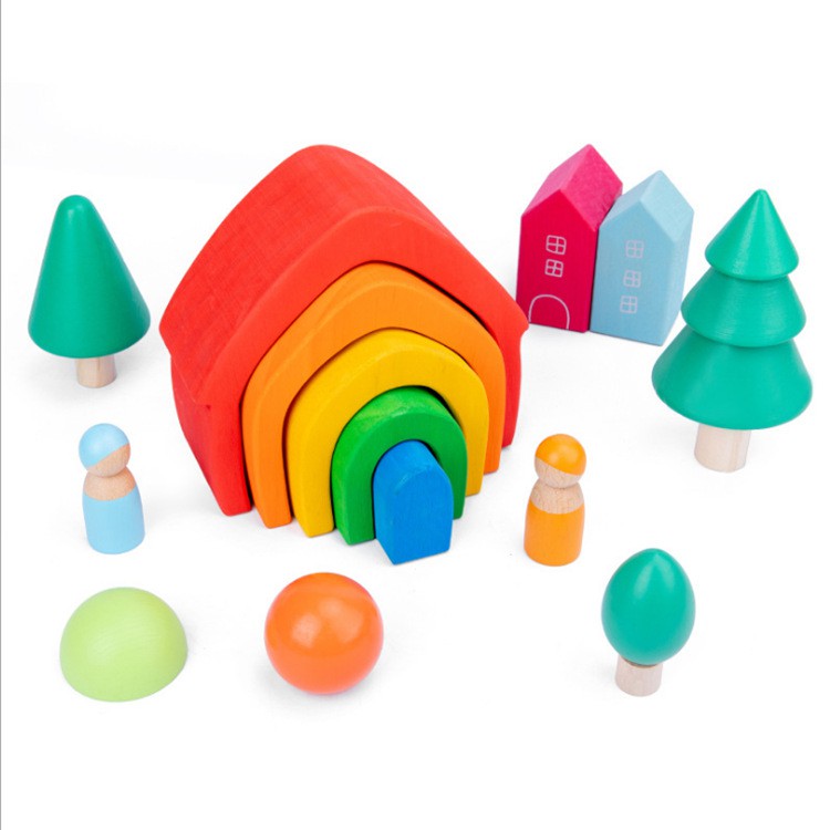 Mainan BIG RAINBOW HOUSE rumah kayu wooden building blocks wood colors toys pohon loose parts grapat