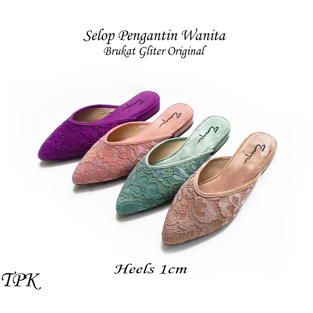 EMYE - Sandal Selop Pengantin Wanita Brukat Glitter Flat Shoes Sendal Kondangan Pengantin Wisuda