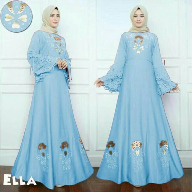 Gamis Ella Busana Muslim Lebaran Wanita Motif Bunga Warna Biru Muda
