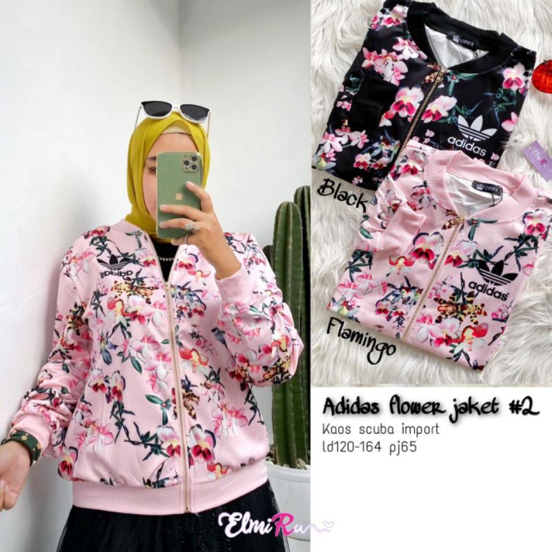JAKET ADIDAS WANITA DEWASA ADIDAS FLOWER #2 MOTIF TERBARU DUA WARNA BLACK FLAMINGO