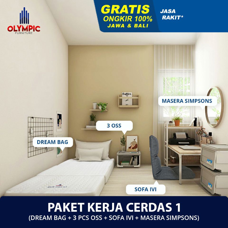 Olympic Paket Kerja Cerdas 1 – Meja Belajar 1Pcs + Sofa Lantai 1Pcs + Kasur Busa 1Pc + Box Penyimpan