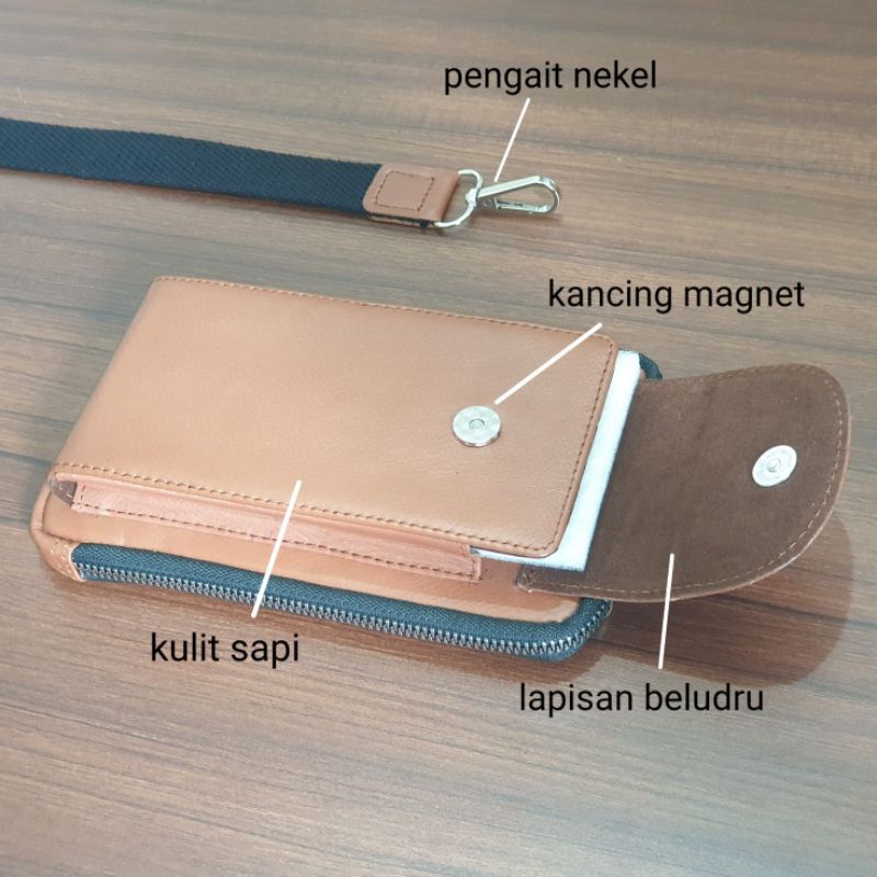 Tas selempang mini unisex kulit asli cokelat 06