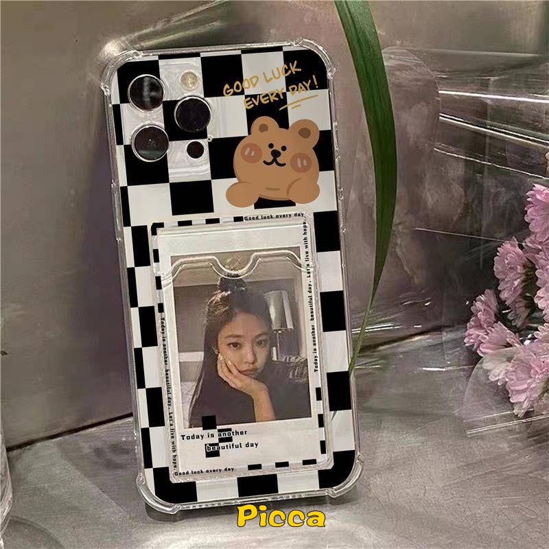 Tempat Kartu Dompet Slot Case Redmi A1 10A 10 9 9A 10C 9C NFC Redmi Note 11Pro 9Pro Note9 Note10 Note11 10s Pro Max Mi 11 Lite Kartun Lucu Kotak-Kotak Bear Transparan Shockproof Cover