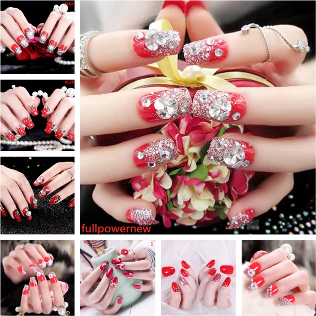 【COD】FLID 24Pcs Kuku Palsu French Nail Art Akrilik Kristal Berlian Imitasi Warna Merah