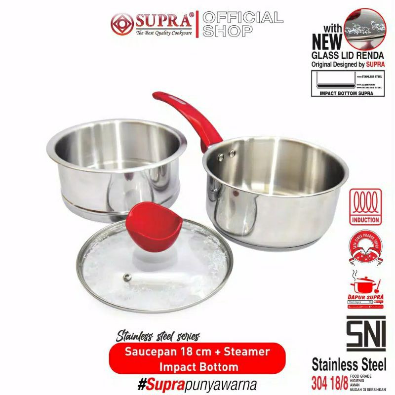 SUPRA Impact Bottom Panci Stainless Sauce Pan dan Steamer 18 Cm Stainless Steel