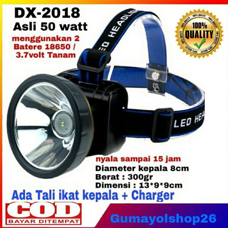 Senter Kepala Led 50 Watt Charger Dx 2018/ Senter Headlamp 50Watt Super Terang