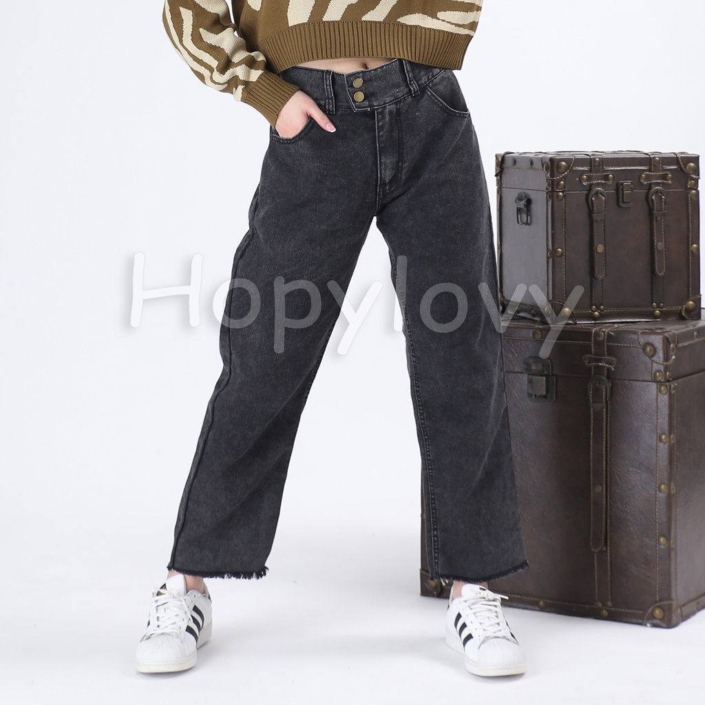 HOPYLOVY - Celana Panjang Boyfriend Jeans Wanita Highwaist Jeans Rawis Alecia